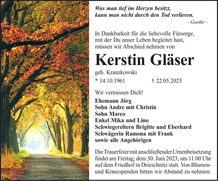 Traueranzeige Kerstin Gläser, geb. Kranzkowski