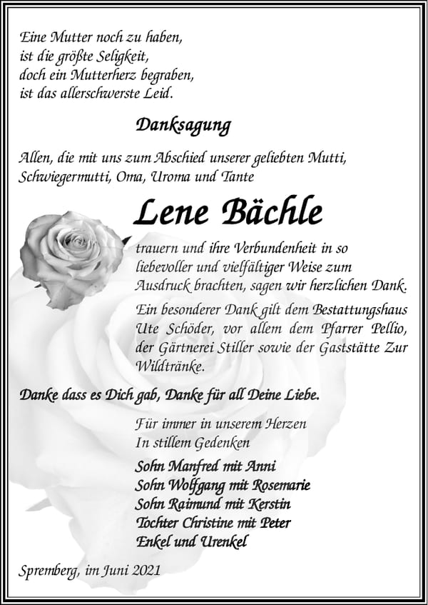 Danksagung Lene Bächle