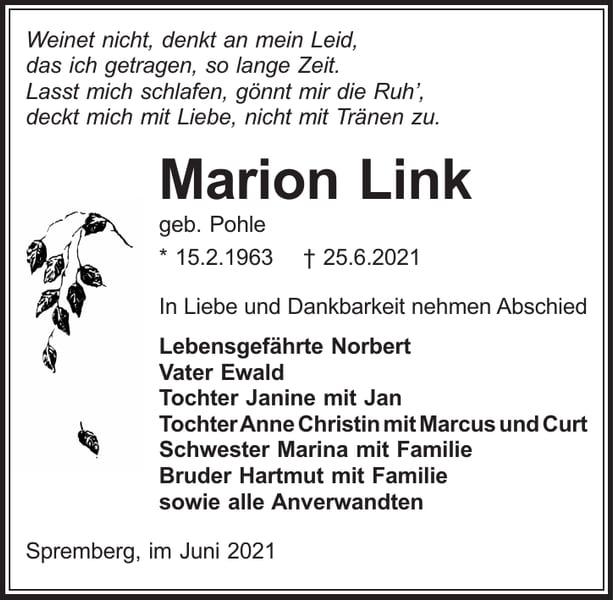 Traueranzeige Marion Link, geb. Pohle