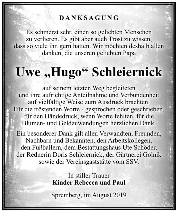 Traueranzeige Uwe „Hugo“ Schleiernick