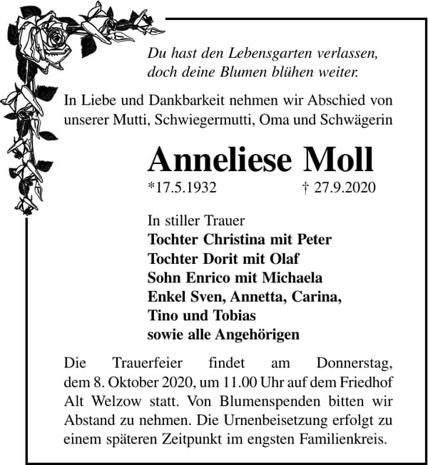 Traueranzeige Anneliese Moll