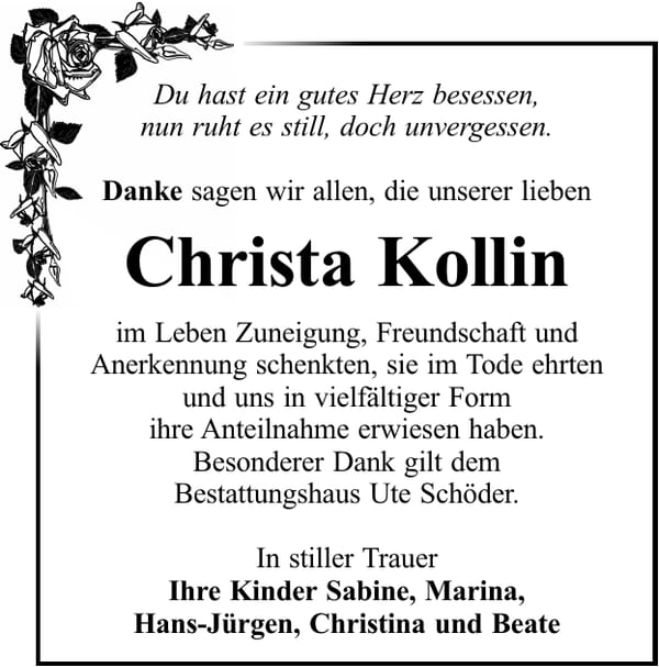Danksagung Christa Kollin