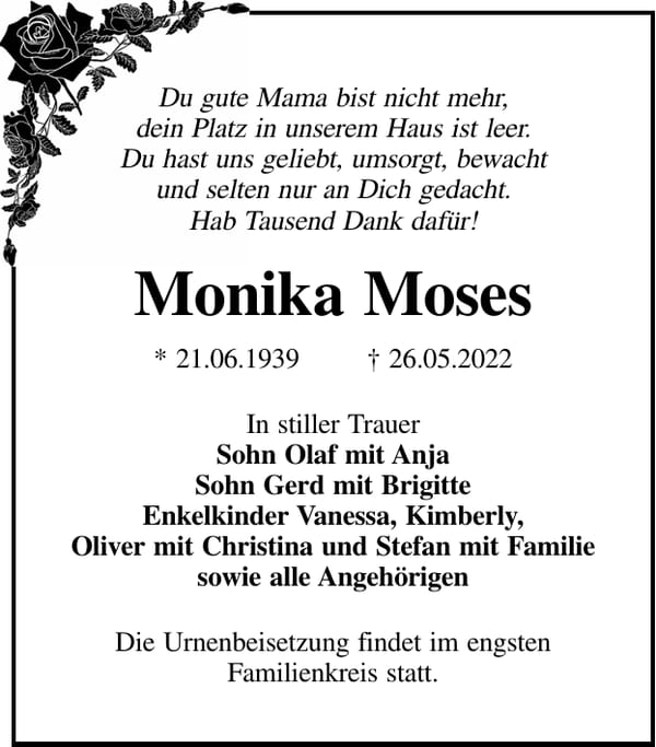 Traueranzeige Monika Moses
