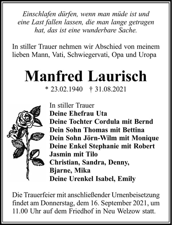 Traueranzeige Manfred Laurisch