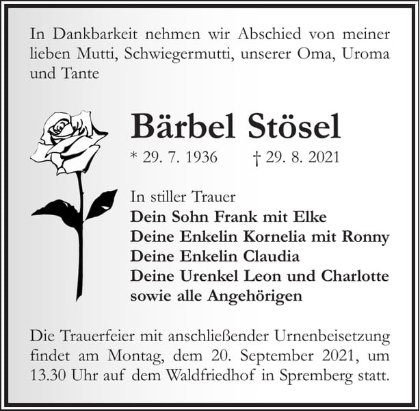Traueranzeige Bärbel Stösel