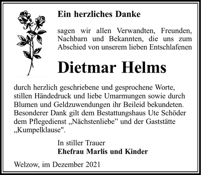 Danksagung Dietmar Helms