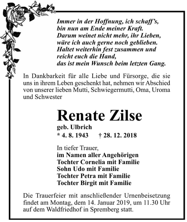 Danksagung Renate Zilse, geb. Ulbrich