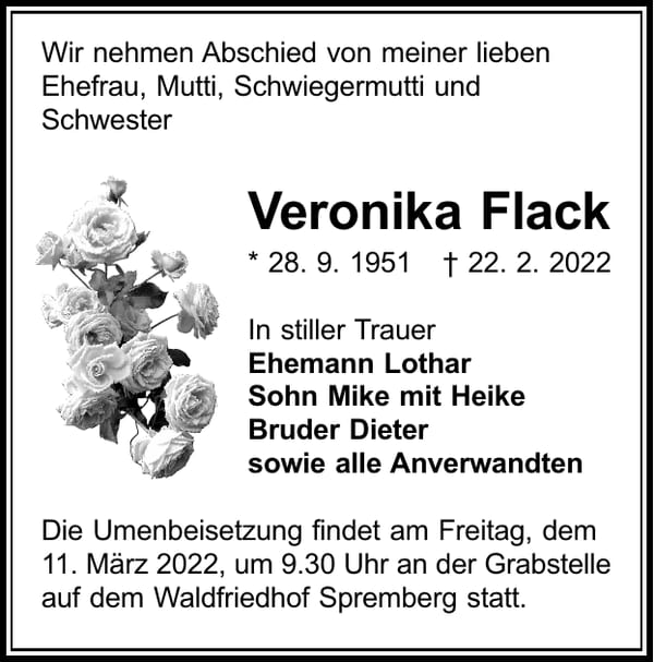 Traueranzeige Veronika Flack