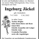 Traueranzeige Ingeburg Jäckel, geb. Zschiedrich