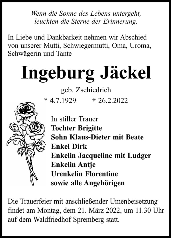 Traueranzeige Ingeburg Jäckel, geb. Zschiedrich