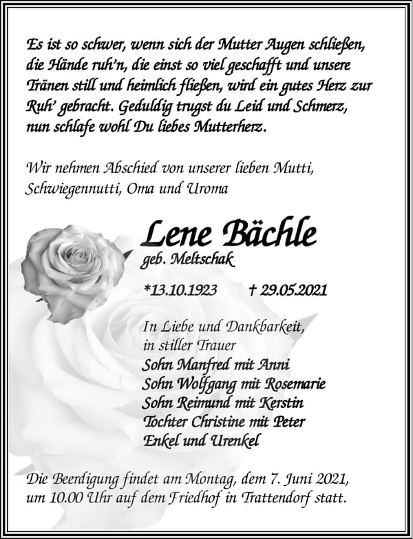 Traueranzeige Lene Bächle, geb. Meltschak