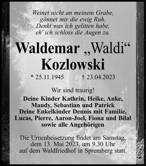 Traueranzeige Waldemar „Waldi“ Kozlowski