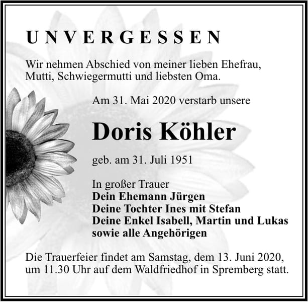 Traueranzeige Doris Köhler