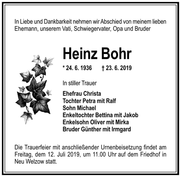 Traueranzeige Heinz Bohr