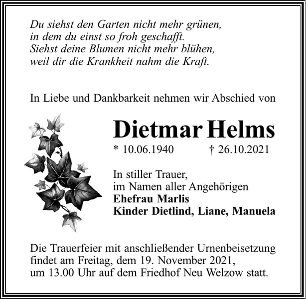 Traueranzeige Dietmar Helms