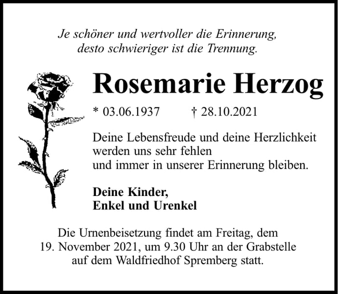Traueranzeige Rosemarie Herzog