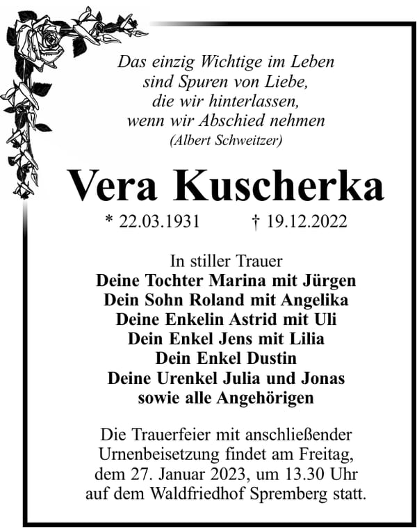 Traueranzeige Vera Kuscherka