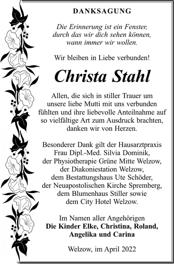 Danksagung Christa Stahl