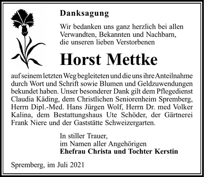 Danksagung Horst Mettke