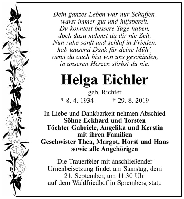 Traueranzeige Helga Eichler, geb. Richter