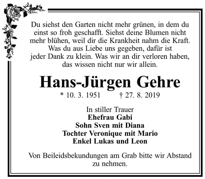 Traueranzeige Hans-Jürgen Gehre