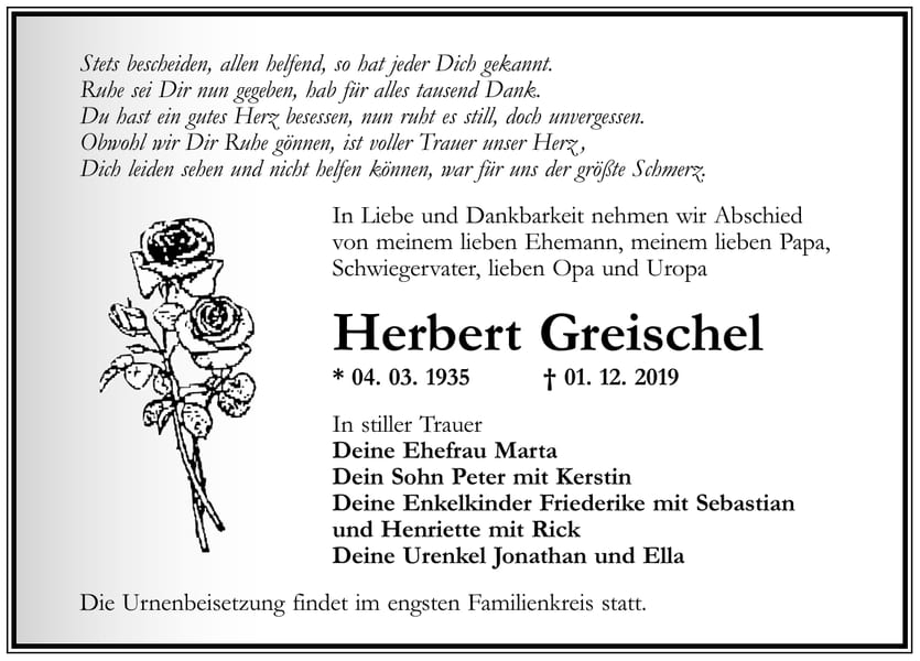 Traueranzeige Herbert Greischel