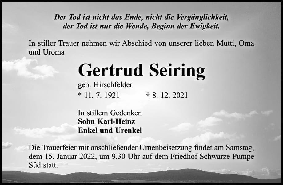 Traueranzeige Gertrud Seiring, geb. Hirschfelder