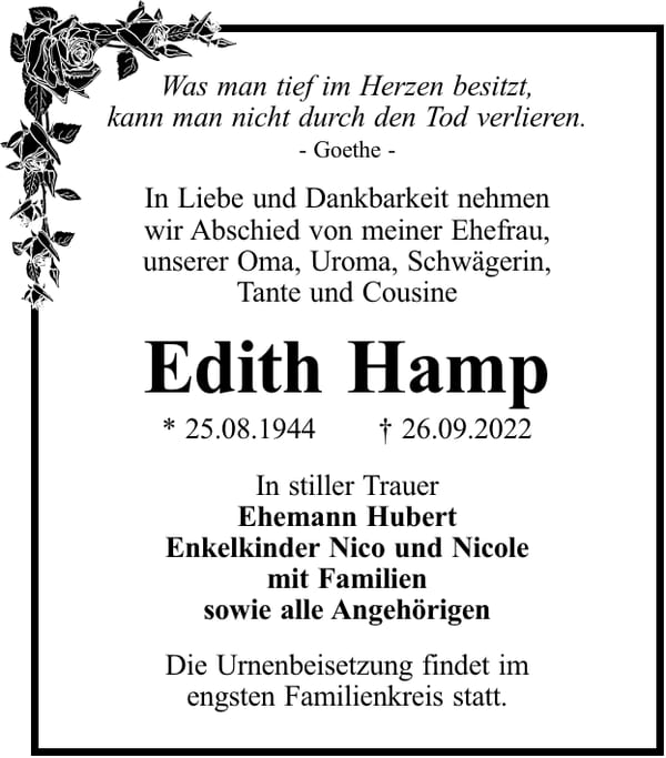 Traueranzeige Edith Hamp