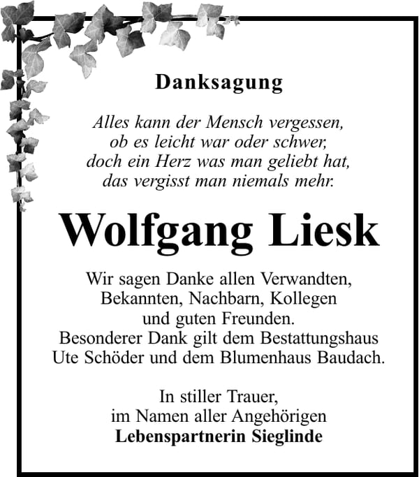 Danksagung Wolfgang Liesk