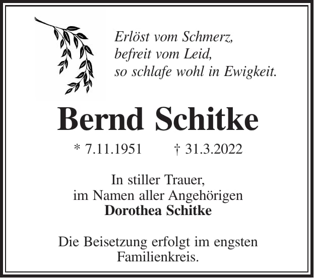 Traueranzeige Bernd Schitke