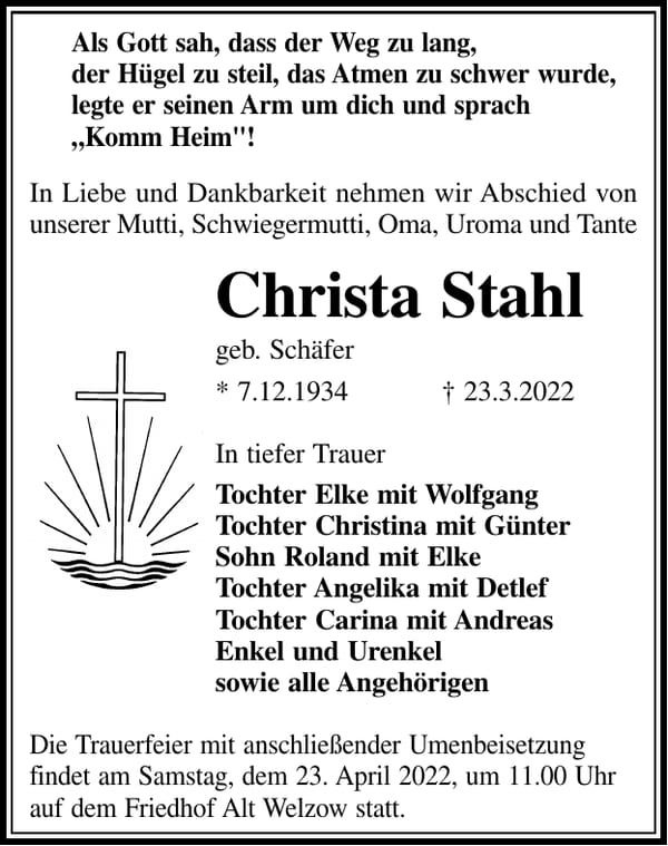 Traueranzeige Christa Stahl, geb. Schäfer