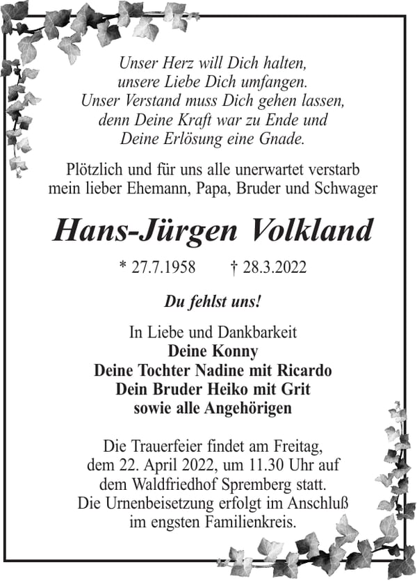 Traueranzeige Hans-Jürgen Volkland