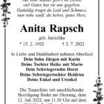 Traueranzeige Anita Rapsch, geb. Jurischka
