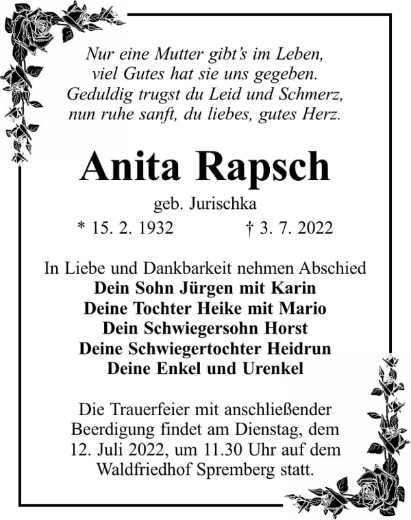 Traueranzeige Anita Rapsch, geb. Jurischka