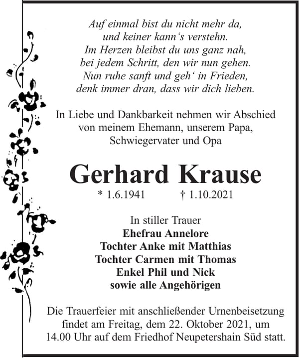 Traueranzeige Gerhard Krause