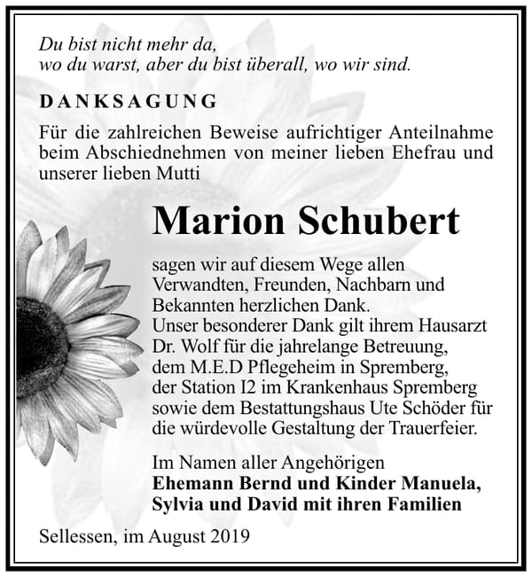 Traueranzeige Marion Schubert