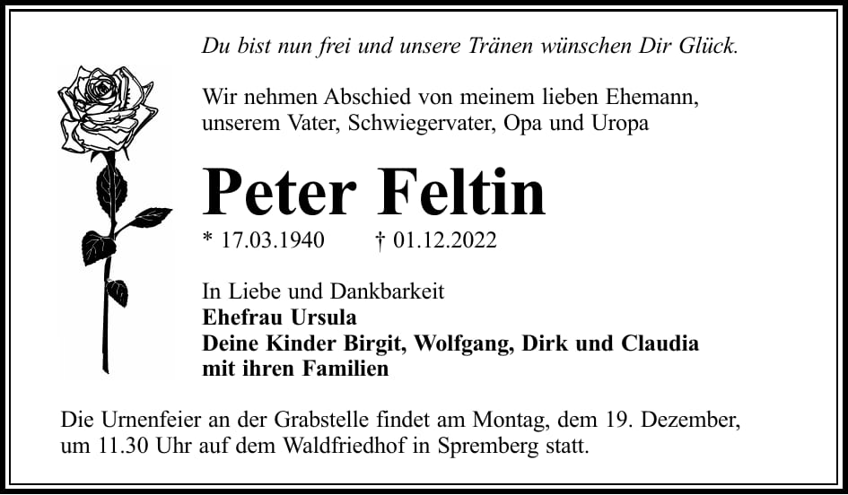Traueranzeige Peter Feltin