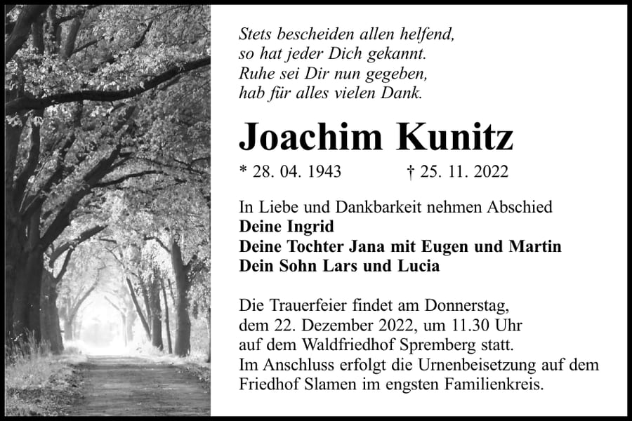 Traueranzeige Joachim Kunitz
