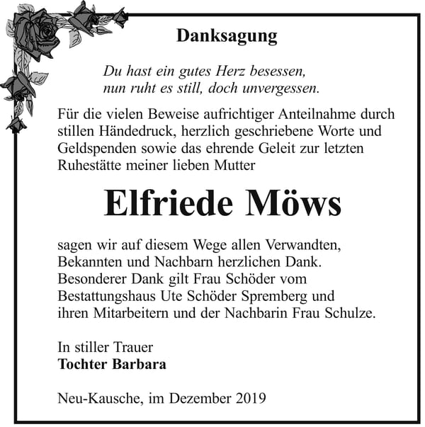 Danksagung Elfriede Möws
