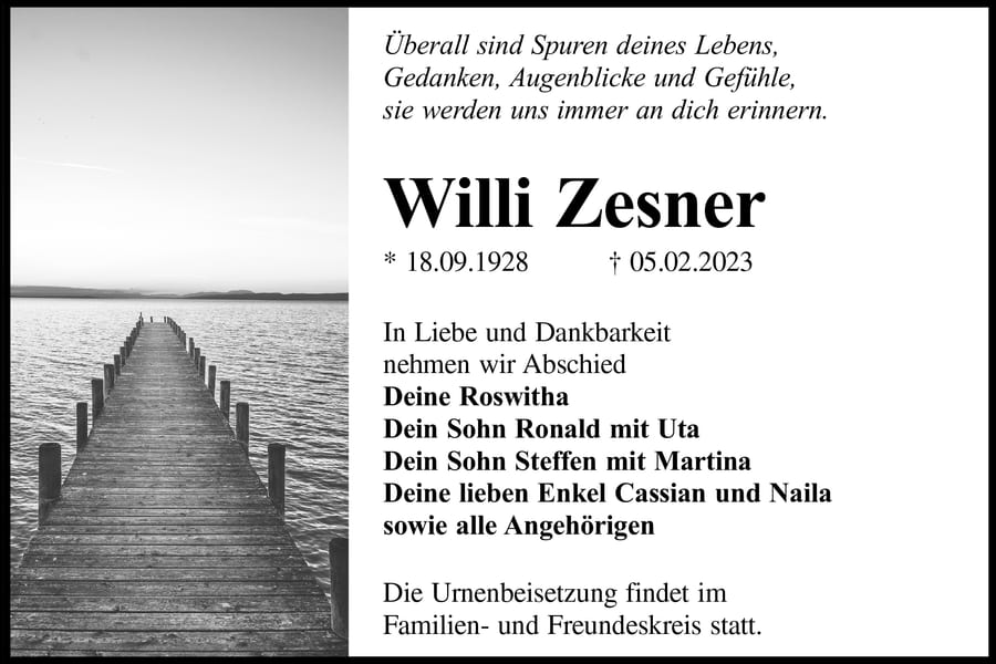 Traueranzeige Willi Zesner