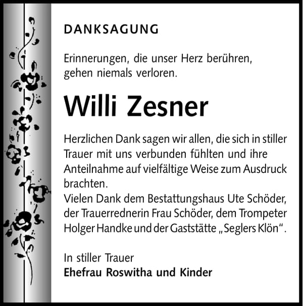 Danksagung Willi Zesner