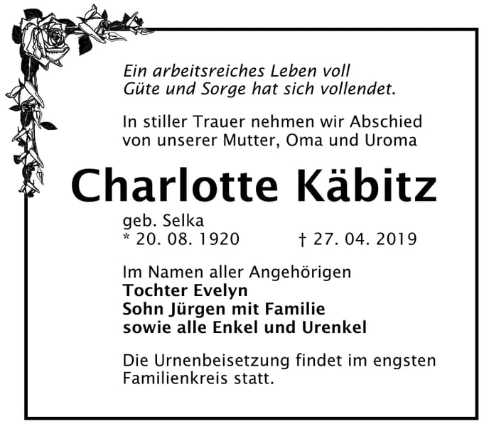 Traueranzeige Charlotte Käbitz, geb. Selka