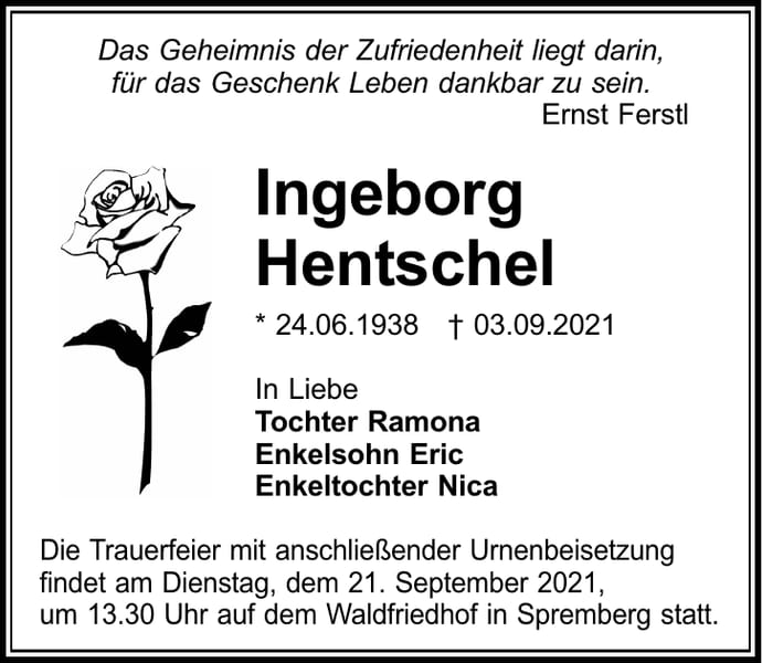 Traueranzeige Ingeborg Hentschel