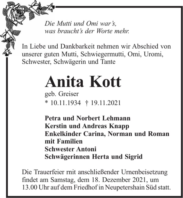 Traueranzeige Anita Kott, geb. Greiser