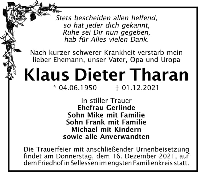 Traueranzeige Klaus Dieter Tharan