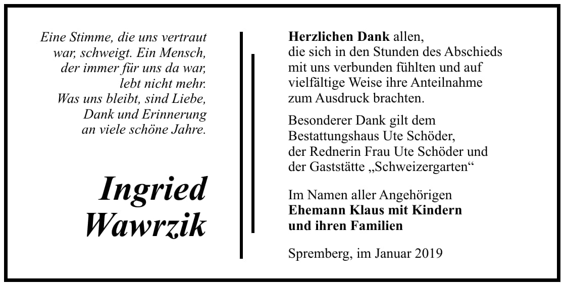 Danksagung Ingried Wawrzik