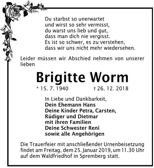 Traueranzeige Brigitte Worm