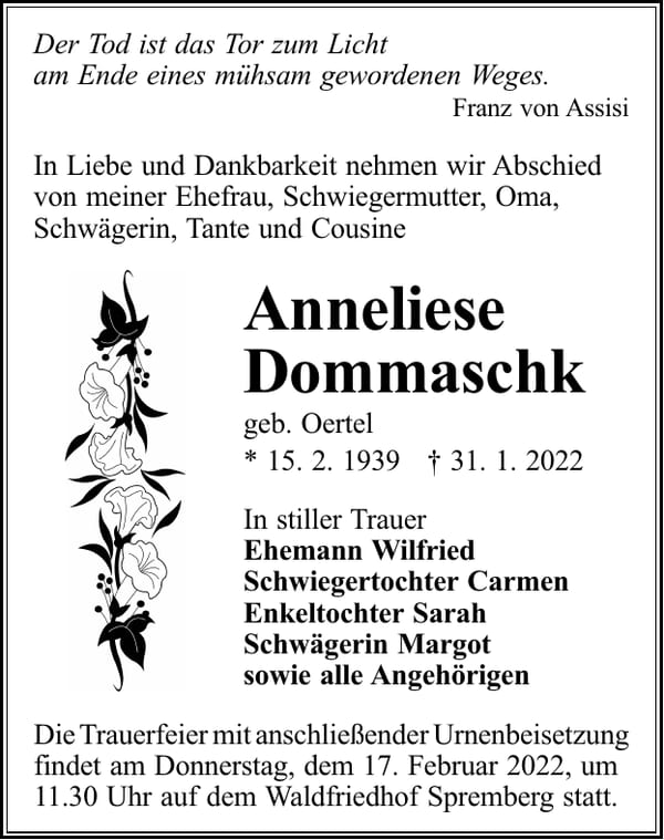 Traueranzeige Anneliese Dommaschk, geb. Oertel