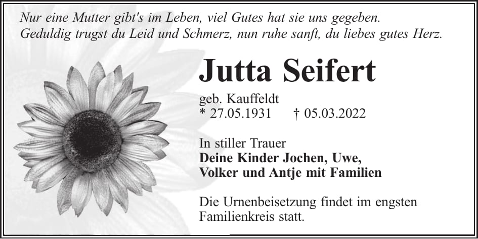 Traueranzeige Jutta Seifert, geb. Kauffeldt