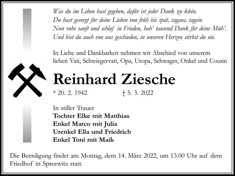 Traueranzeige Reinhard Ziesche